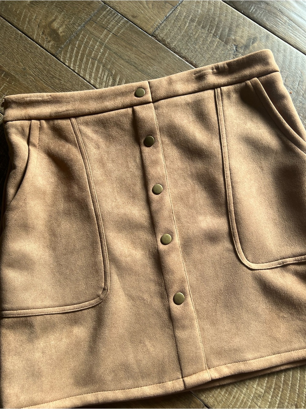 Button-Front Tan Mini Skirt with Patch Pockets - Picture 2 of 5